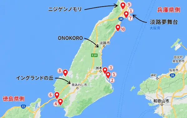 淡路島のおすすめホテルの地図