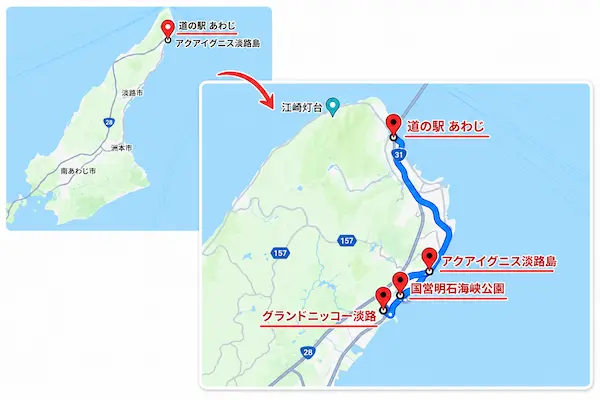 淡路島に子連れ旅行!1泊2日モデルコースや雨の日のスポットも合わせて紹介!のモデルコース1日目の地図